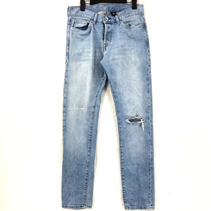 H&M & Denim Mens 29 X 32 Blue Denim Button Fly Jeans Slim Low Waist Torn Pockets